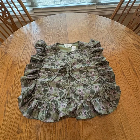 Anthropologie NWT Green Floral Quilted Ruffle Vest Tie Detail OS One Size NEW - Picture 3 of 11